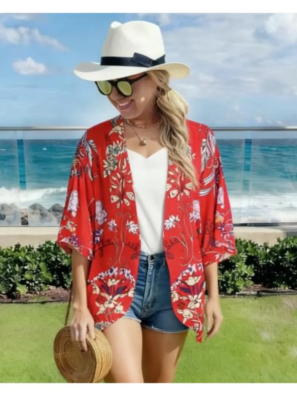 Chiffon Floral Kimono Cardigan Open Front Beach Cover Up